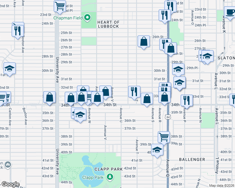 map of restaurants, bars, coffee shops, grocery stores, and more near 2118 33rd Street in Lubbock