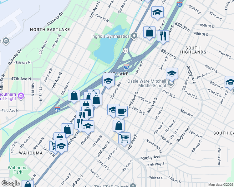 map of restaurants, bars, coffee shops, grocery stores, and more near 7915 Division Avenue in Birmingham