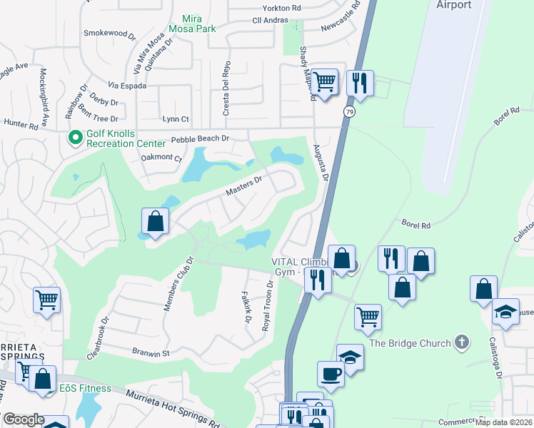 map of restaurants, bars, coffee shops, grocery stores, and more near 30075 Mickelson Way in Murrieta