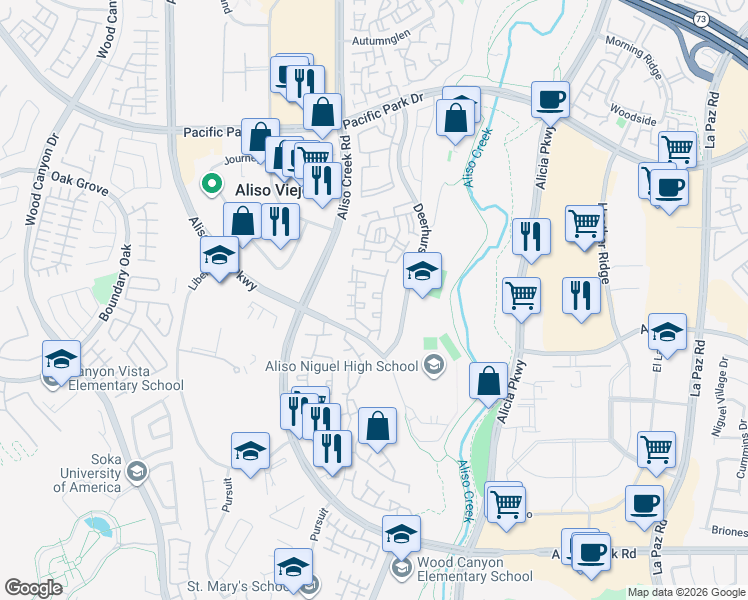 map of restaurants, bars, coffee shops, grocery stores, and more near 72 Sandcastle in Aliso Viejo