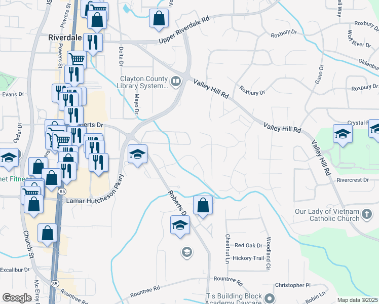 map of restaurants, bars, coffee shops, grocery stores, and more near 305 Brookview Drive in Riverdale