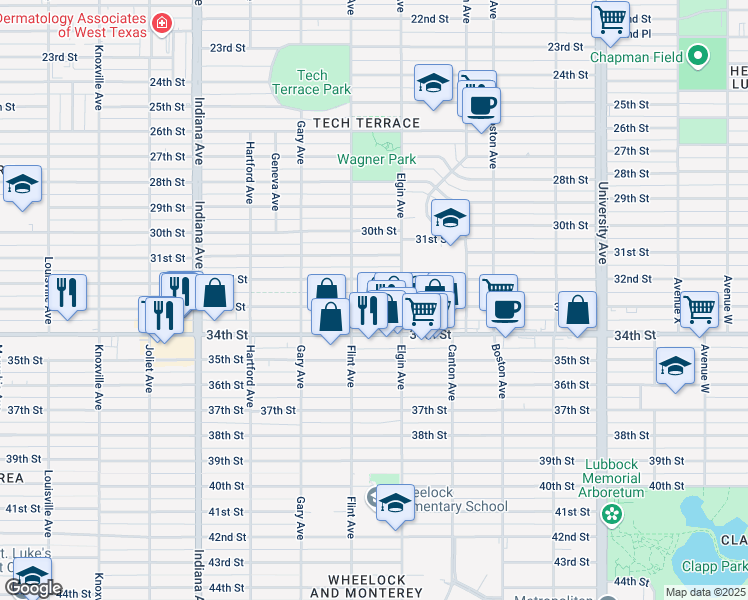 map of restaurants, bars, coffee shops, grocery stores, and more near 3012 33rd Street in Lubbock
