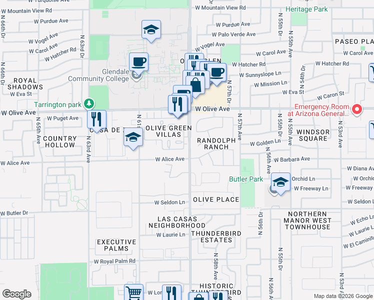 map of restaurants, bars, coffee shops, grocery stores, and more near 5906 West Alice Avenue in Glendale