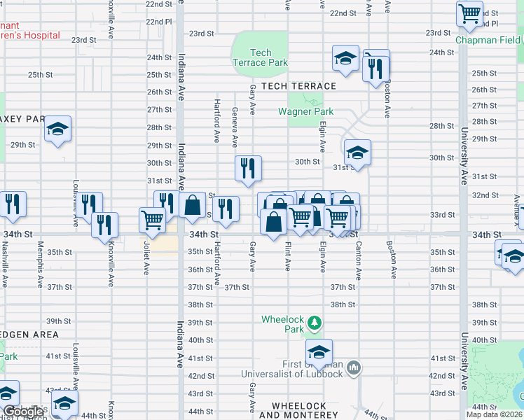 map of restaurants, bars, coffee shops, grocery stores, and more near 3119 33rd Street in Lubbock