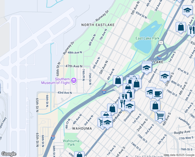 map of restaurants, bars, coffee shops, grocery stores, and more near 7632 5th Avenue North in Birmingham