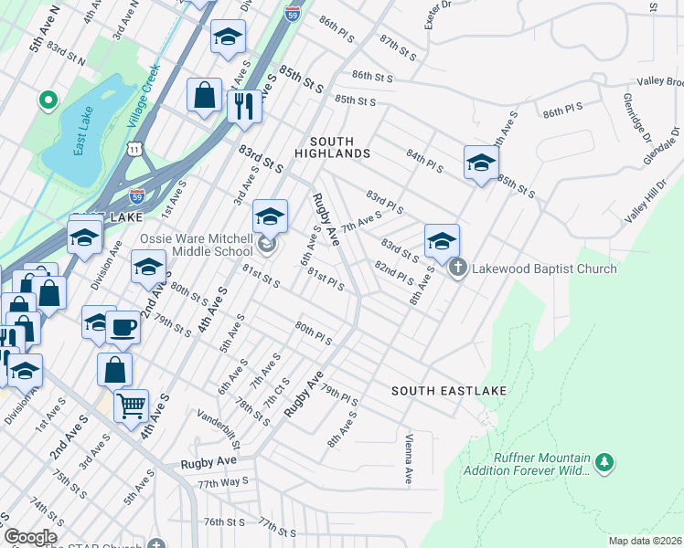 map of restaurants, bars, coffee shops, grocery stores, and more near 8152 Rugby Avenue in Birmingham