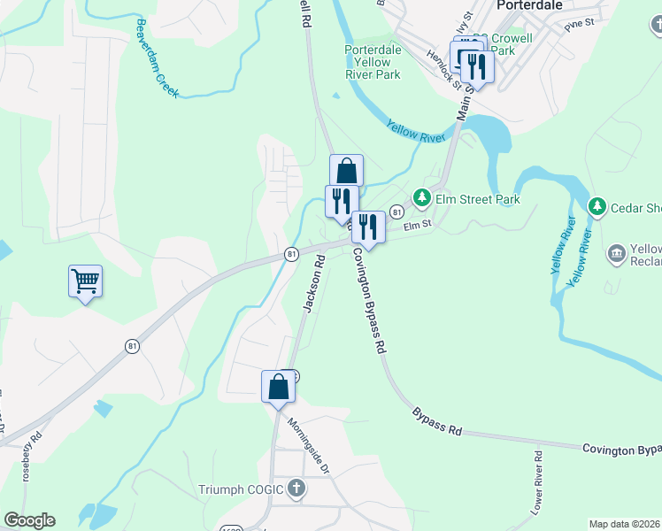 map of restaurants, bars, coffee shops, grocery stores, and more near 5 Jackson Road in Porterdale