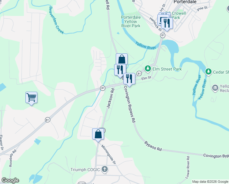 map of restaurants, bars, coffee shops, grocery stores, and more near 5 Jackson Road in Porterdale