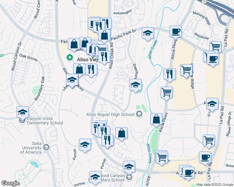 map of restaurants, bars, coffee shops, grocery stores, and more near 272 Sandcastle in Aliso Viejo