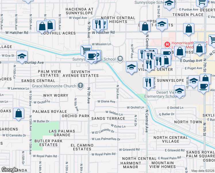 map of restaurants, bars, coffee shops, grocery stores, and more near 339 West Alice Avenue in Phoenix