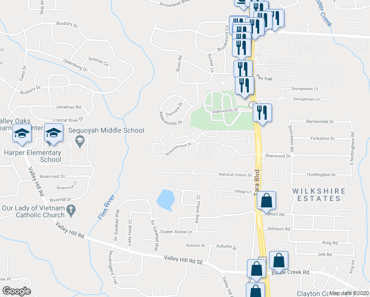 map of restaurants, bars, coffee shops, grocery stores, and more near 2303 Summercourt Drive in Jonesboro