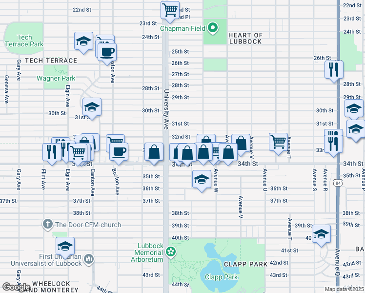 map of restaurants, bars, coffee shops, grocery stores, and more near 2418 33rd Street in Lubbock