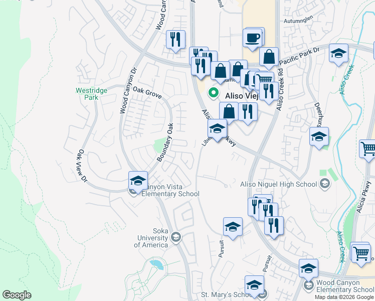 map of restaurants, bars, coffee shops, grocery stores, and more near 12 Francheshi Place in Aliso Viejo