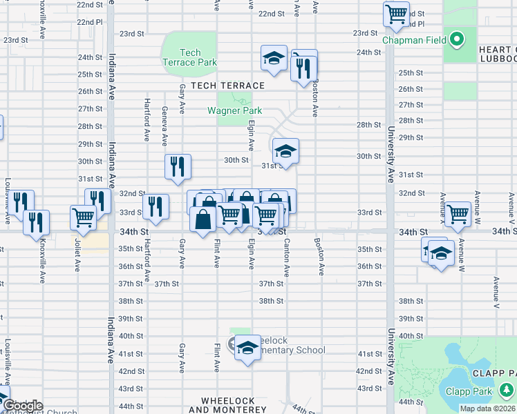 map of restaurants, bars, coffee shops, grocery stores, and more near 2821 33rd Street in Lubbock