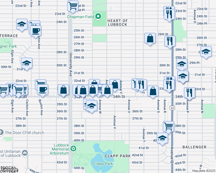 map of restaurants, bars, coffee shops, grocery stores, and more near 2220 33rd Street in Lubbock