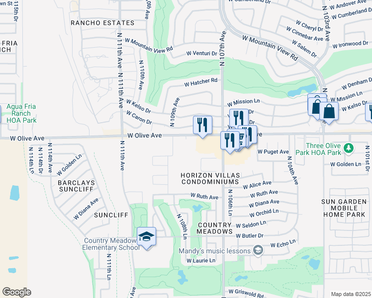 map of restaurants, bars, coffee shops, grocery stores, and more near 10847 West Olive Avenue in Peoria