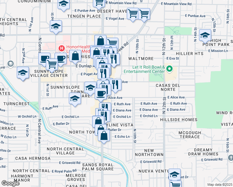 map of restaurants, bars, coffee shops, grocery stores, and more near 8813 North 8th Street in Phoenix
