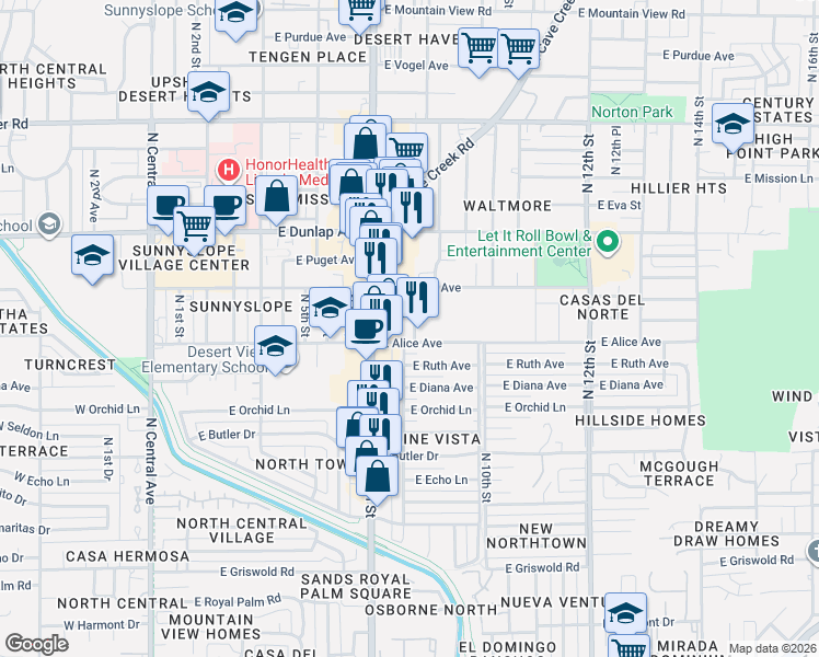 map of restaurants, bars, coffee shops, grocery stores, and more near 811 East Alice Avenue in Phoenix