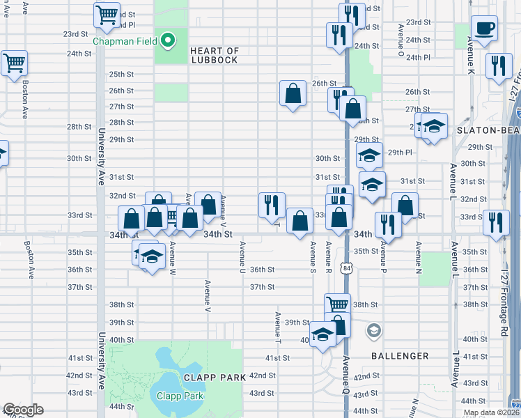 map of restaurants, bars, coffee shops, grocery stores, and more near 2007 33rd Street in Lubbock