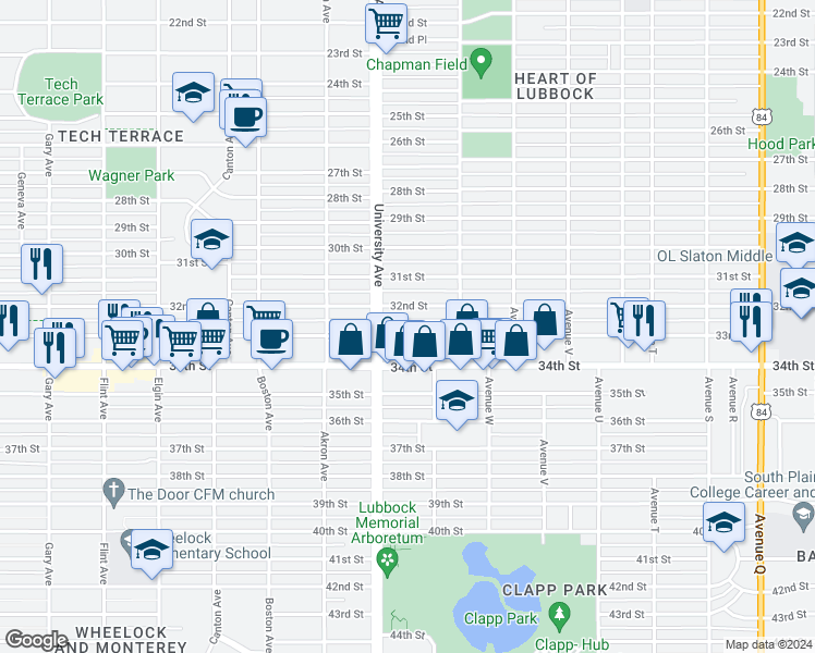 map of restaurants, bars, coffee shops, grocery stores, and more near 2423 33rd Street in Lubbock