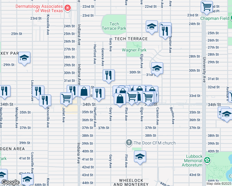 map of restaurants, bars, coffee shops, grocery stores, and more near 3119 33rd Street in Lubbock