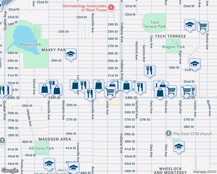 map of restaurants, bars, coffee shops, grocery stores, and more near 3503 33rd Street in Lubbock