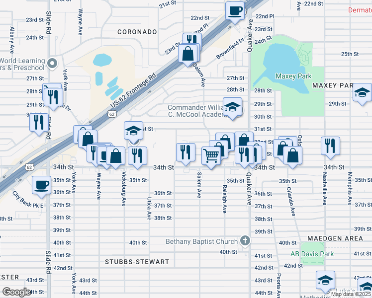 map of restaurants, bars, coffee shops, grocery stores, and more near 4613 33rd Street in Lubbock