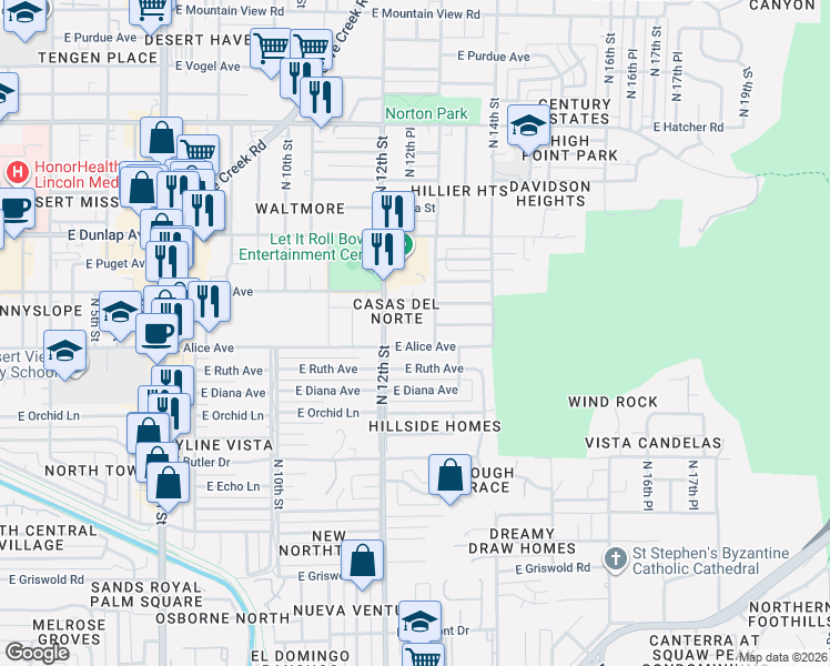 map of restaurants, bars, coffee shops, grocery stores, and more near 1207 East Alice Avenue in Phoenix