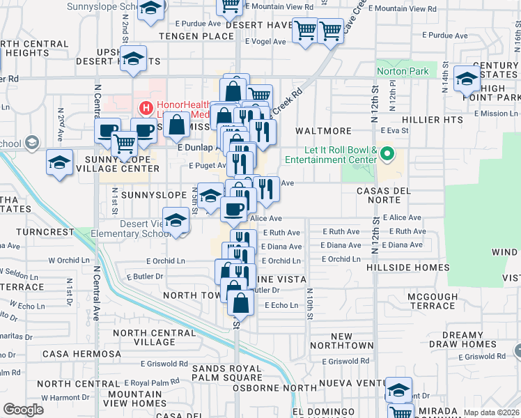 map of restaurants, bars, coffee shops, grocery stores, and more near 811 East Alice Avenue in Phoenix