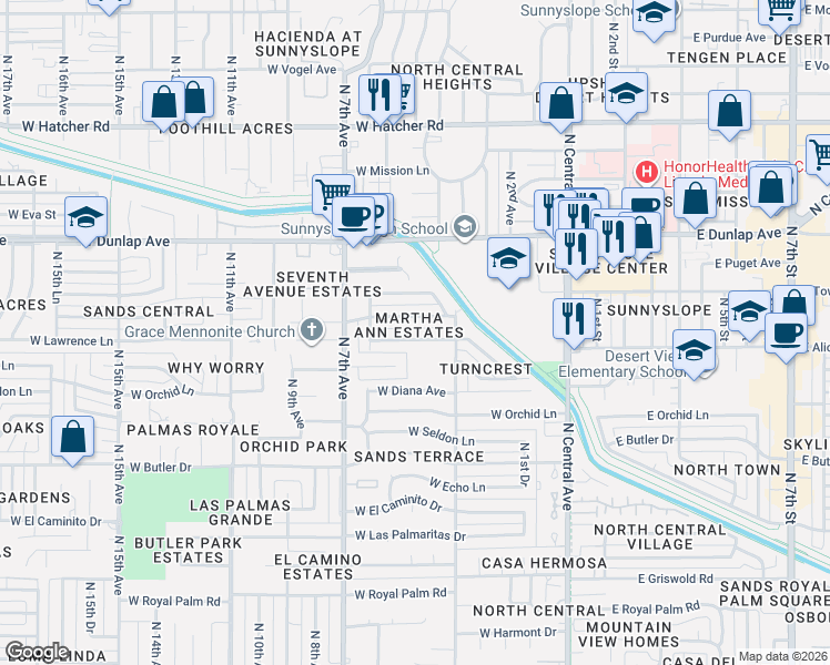 map of restaurants, bars, coffee shops, grocery stores, and more near 339 West Alice Avenue in Phoenix