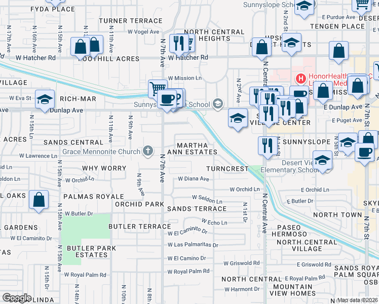 map of restaurants, bars, coffee shops, grocery stores, and more near 339 West Alice Avenue in Phoenix