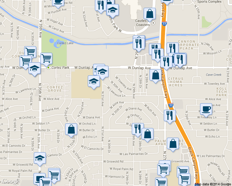 map of restaurants, bars, coffee shops, grocery stores, and more near 3001 West Lawrence Lane in Phoenix