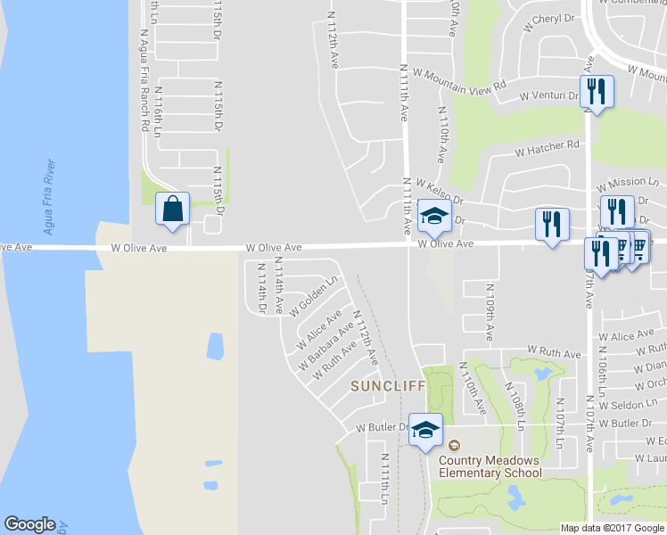 map of restaurants, bars, coffee shops, grocery stores, and more near 11203 West Golden Lane in Peoria