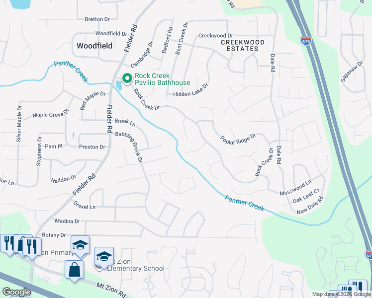 map of restaurants, bars, coffee shops, grocery stores, and more near 6967 Wood Creek Lane in Rex