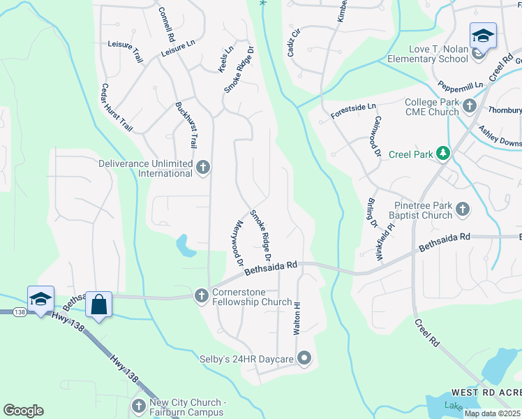 map of restaurants, bars, coffee shops, grocery stores, and more near 6945 Merrywood Drive in Fairburn