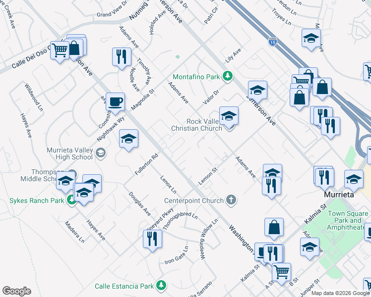 map of restaurants, bars, coffee shops, grocery stores, and more near 41885 Davenport Way in Murrieta