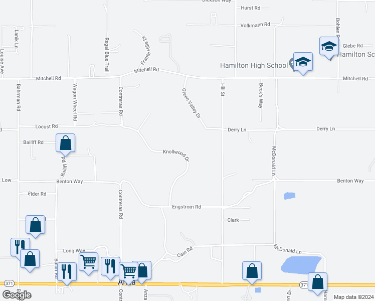 map of restaurants, bars, coffee shops, grocery stores, and more near 56900 Knollwood Drive in Anza