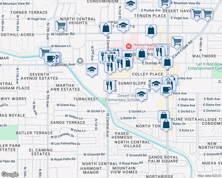 map of restaurants, bars, coffee shops, grocery stores, and more near 8729 North Central Avenue in Phoenix