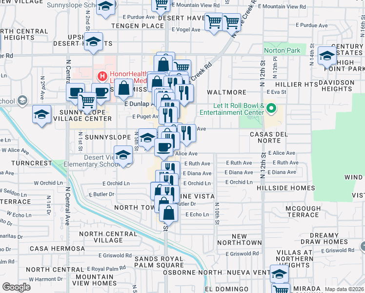 map of restaurants, bars, coffee shops, grocery stores, and more near 811 East Alice Avenue in Phoenix
