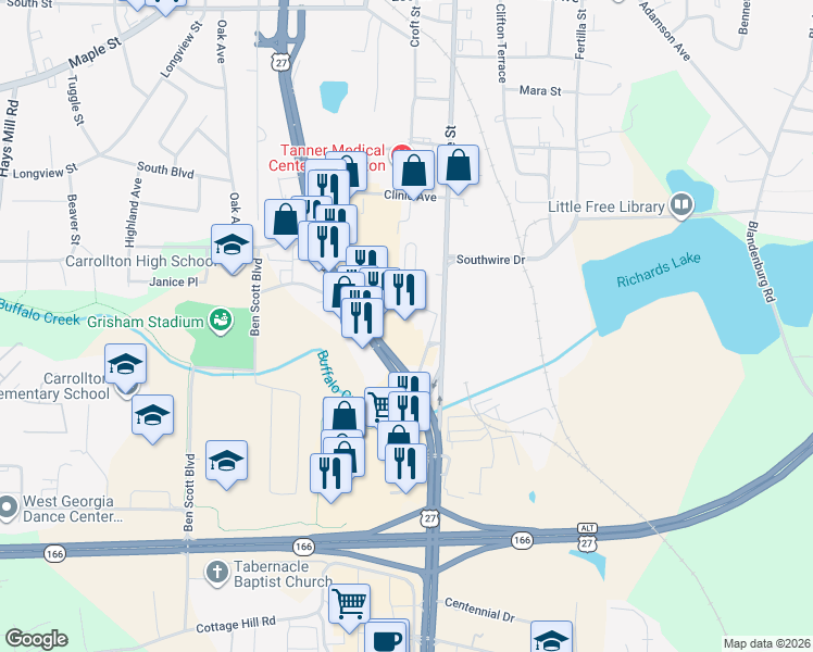 map of restaurants, bars, coffee shops, grocery stores, and more near 928 South Park Street in Carrollton