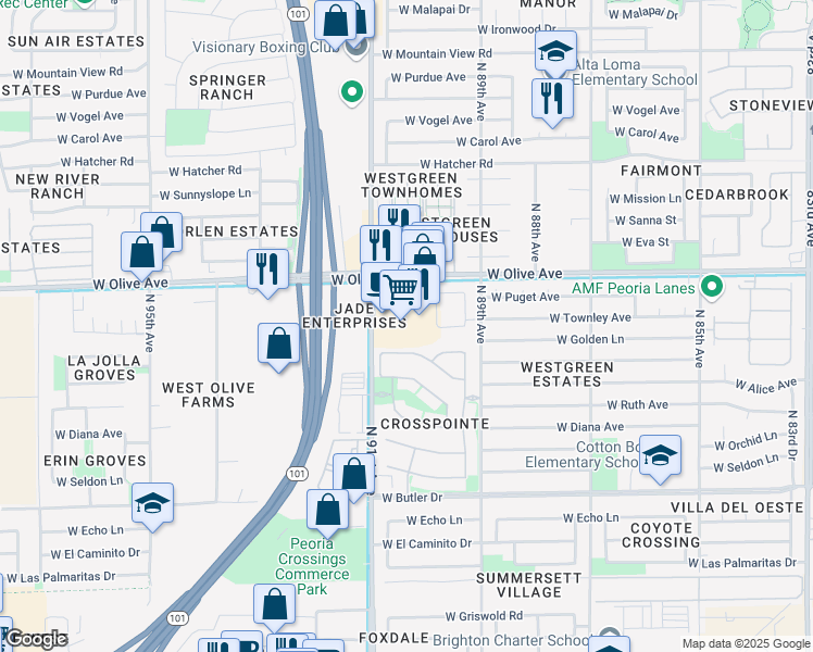 map of restaurants, bars, coffee shops, grocery stores, and more near 9043 West Olive Avenue in Peoria