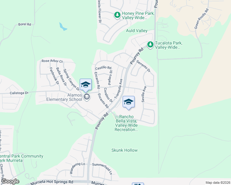 map of restaurants, bars, coffee shops, grocery stores, and more near 38318 Tranquila Avenue in Murrieta