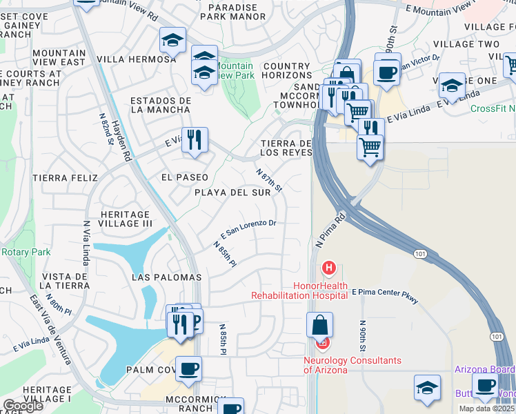map of restaurants, bars, coffee shops, grocery stores, and more near 7301 East Indian Bend Road in Scottsdale