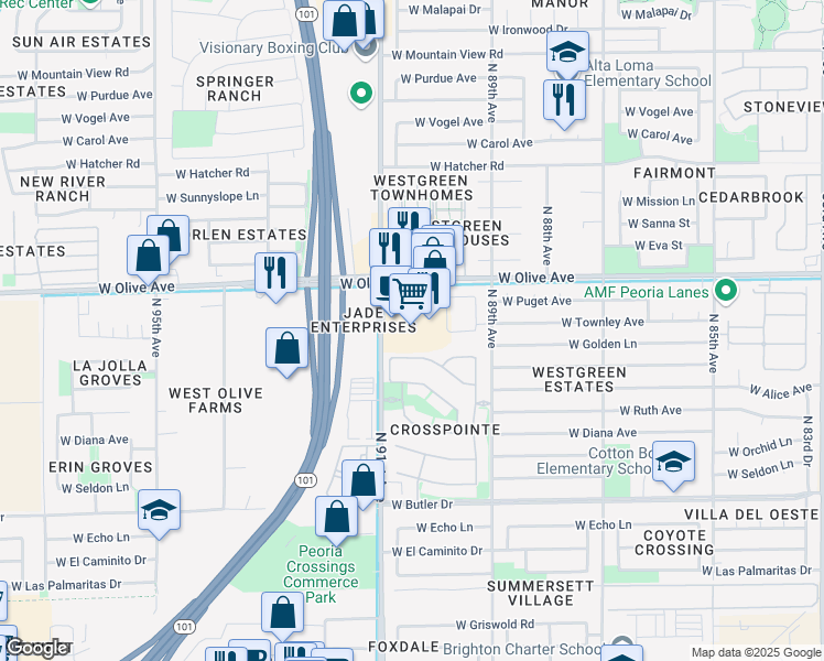 map of restaurants, bars, coffee shops, grocery stores, and more near 9043 West Olive Avenue in Peoria