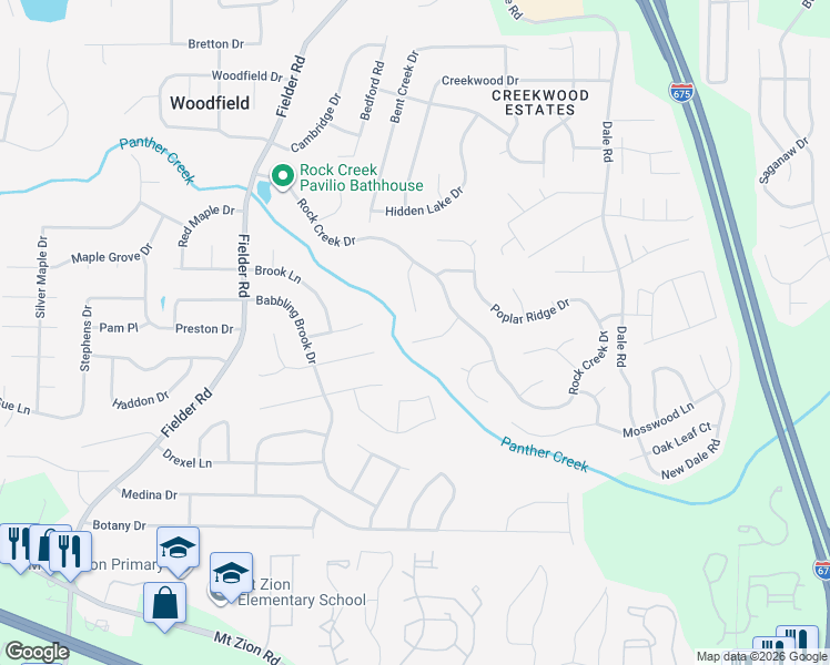 map of restaurants, bars, coffee shops, grocery stores, and more near 6967 Wood Creek Lane in Rex