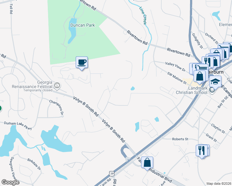 map of restaurants, bars, coffee shops, grocery stores, and more near 595 Fisher Drive in Fairburn