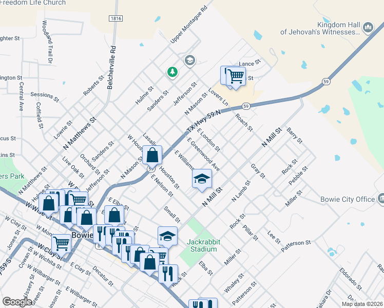 map of restaurants, bars, coffee shops, grocery stores, and more near 303 East Williams Street in Bowie