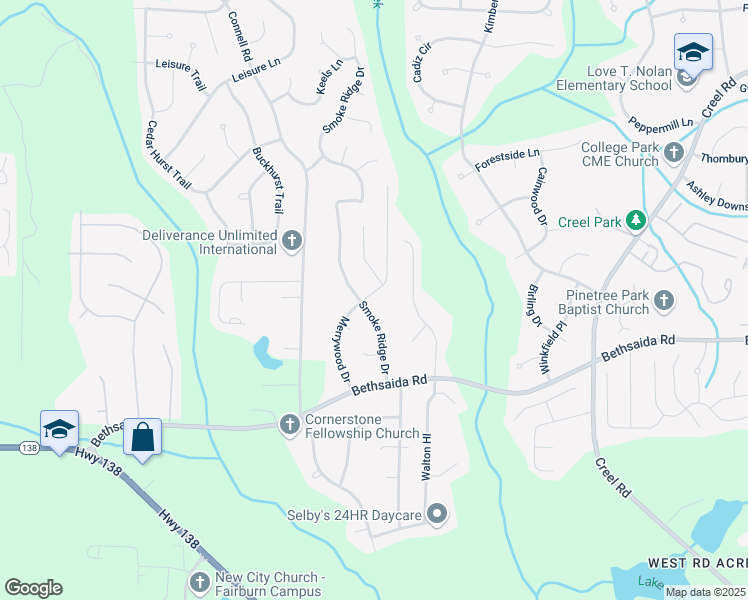 map of restaurants, bars, coffee shops, grocery stores, and more near 6945 Merrywood Drive in Fairburn