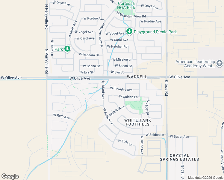 map of restaurants, bars, coffee shops, grocery stores, and more near 18247 West Golden Lane in Waddell