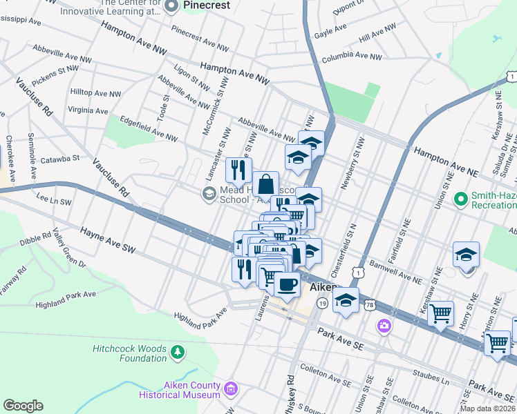 map of restaurants, bars, coffee shops, grocery stores, and more near 418 Barnwell Avenue Northwest in Aiken